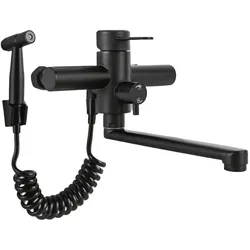 MAX | Gastronomie Mischbatterie Wandmontage Armatur Schwarz| Profi Küchenarmatur Edelstahl mit Handbrause | Wasserhahn Restaurant Wand flacher Auslauf