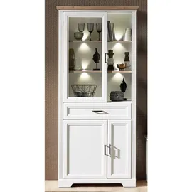 Stella Trading JASMIN Große Vitrine in Pinie hell, Artisan Eiche Optik - Vitrinenschrank mit LED-Beleuchtung und viel Stauraum im Landhausstil - 93 x 204 x 42 cm (B/H/T)