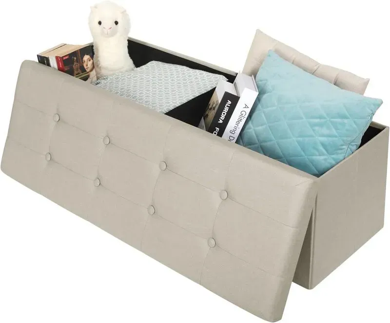 WOLTU Aufbewahrungshocker Faltbarer Sessel Fußablage Aufbewahrungsbank Schuhschrank 110x37,5x38 cm Beige