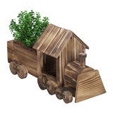 Relaxdays Blumenkarre, Eisenbahn, Garten Dekoration, geflammtes Holz, Blumentopf mit Folie, HBT: 21 x 38 x 13 cm, Natur