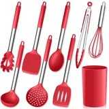 Herogo Küchenhelfer Set, 9 Stück Silikon Kochutensilien Kochbesteck Set mit Utensilienhalter, Rot Küchenutensilien Pfannenwender Set mit Edelstahlgriff, Hitzebeständiger & Antihaft