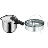 WMF Perfect Schnellkochtopf Induktion 6 & Schnellkochtopf-Zubehör Set 2-teilig, Einsatz gelocht mit Einsatzsteg, für Schnellkochtöpfe 3,0-8,5l, Cromargan Edelstahl, spülmaschinengeeignet