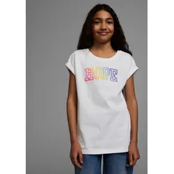T-Shirt KIDSWORLD "Mit Print: HOPE", Mädchen, Gr. 140/146, weiß, Jersey, Obermaterial: 100% Baumwolle, bedruckt, bequem hüftbedeckend, Rundhals, Kurzarm Aufschlag, Shirts, Kurzarm, bequeme Passform, mit Print, Rundhalsausschnitt