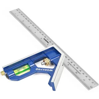 WorkPro Kombinationswinkel 300mm, Anschlagwinkel Universalwinkel mit Wasserwaage und Anreissnadel, Einstellbar Winkelmesser aus Edelstahl 90/45 Grad Messwerkzeug mit Zinklegierungsgriff
