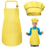 WEONE Kinder Schürze und Kochmütze Set, Kinder Einstellbare Kochschürze Kinderschürzen mit 2 Taschen für Jungen Mädchen, Kind Küchenschürzen für Küche Kochen Backen Malerei (7-13 Jahre) (Gelb)