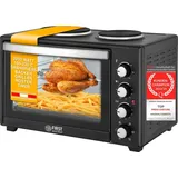 First Austria TZS First Austria Minibackofen mit Kochplatten 45L, Pizzaofen, Minibackofen mit Umluft, max 230°C, Innenbeleuchtung | Mini Backofen | Schwarz