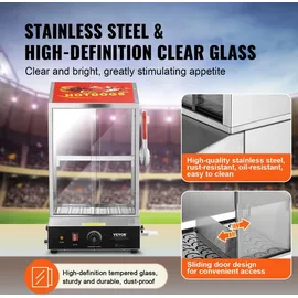 Vevor Hot Dog Dampfgarer, 37L, 2-stufiger Hot Dog Hütten-Dampfgarer, 30°C~85°C Temperaturregelung, elektrischer Brötchenwärmer mit Schiebetüren aus gehärtetem Glas, Trennplattenzange, Edelstahl, -