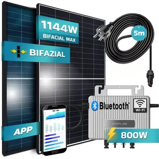 SUNNIVA® Balkonkraftwerk komplett Steckdose - Eco Flow 800W Wechselrichter PV Solaranlage Komplettset - 2x 440W BIFAZIAL, BLACK Frame, Single Glas Solarmodule - inkl. 5m Kabel - Bluetooth