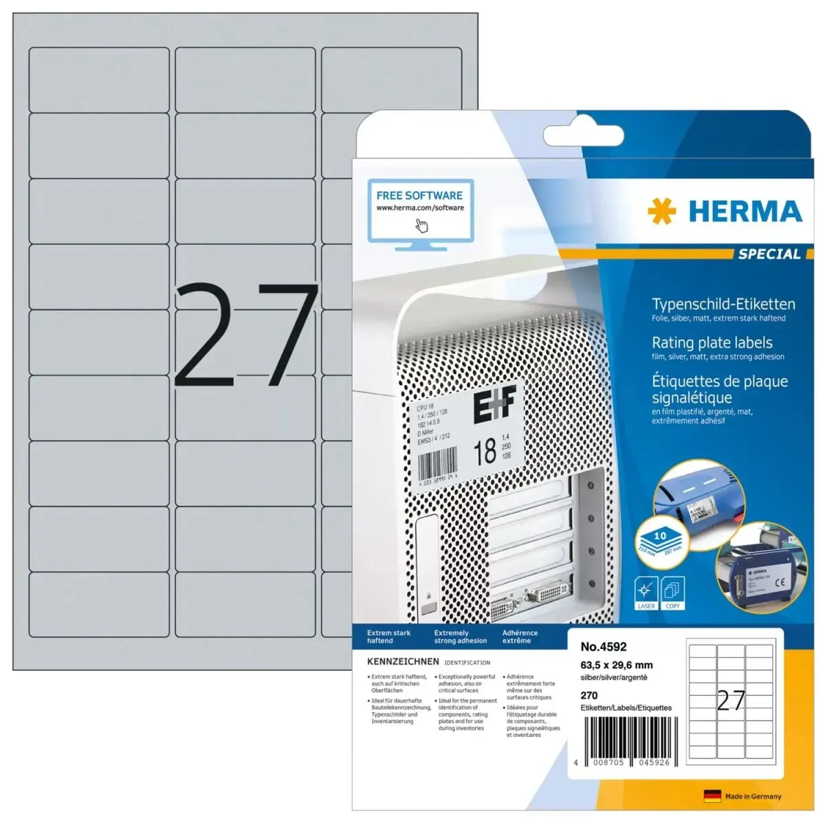 HERMA 4592 selbstklebendes Etikett Abgerundetes Rechteck Silber 270 Stück(e)