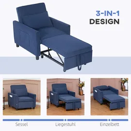 Homcom Schlafsessel, Klappbett mit Bettfunktion, Lendenkissen, Klappbar Liegestuhl mit Verstellbarer Rückenlehne, Rollen, Seitentasche, für Wohnzimmer, Kord, Blau Kunststoff, 84x81x74 cm, Sessel, Schlafsessel