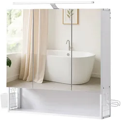 VASAGLE Spiegelschrank fürs Bad – weiß, Beleuchtung, 70 × 14,5 × 70 cm (BBK124A10)