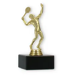Tennis Pokal Kunststofffigur Tennisspieler gold auf schwarzem Marmorsockel 13,9cm