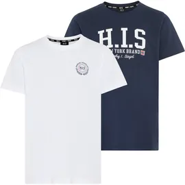 H.I.S. T-Shirt H.I.S "2er Pack T-Shirts mit Logodrucken für Jungen", Jungen, Gr. 152/158, bunt (marine, weiß), Single Jersey, Obermaterial: 100% Baumwolle, bedruckt, Basic, Rundhals, Shirts T-Shirt, Basic Schnitt, kurze Ärmel, bedruckte Optik, Logodrucke