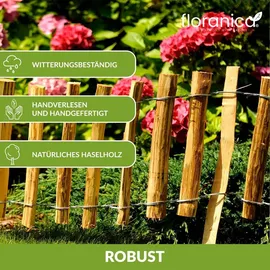 Floranica Staketenzaun aus Haselnuss mit Pfosten 50 cm hoch x lfm Lattenabstand 4-6 Kastanie Gartenzaun Beeteinfassung Steckzaun Rollzaun - Braun