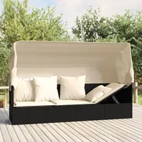 IKAYAA Gartensofa mit Sonnendach Gartensofa mit Liegefunktion Loungebett Outdoor mit Dach Rattan Sofa 3 Sitzer Balkon Sofa Gartenbett mit Dach und Kissen-Schwarz und Creme