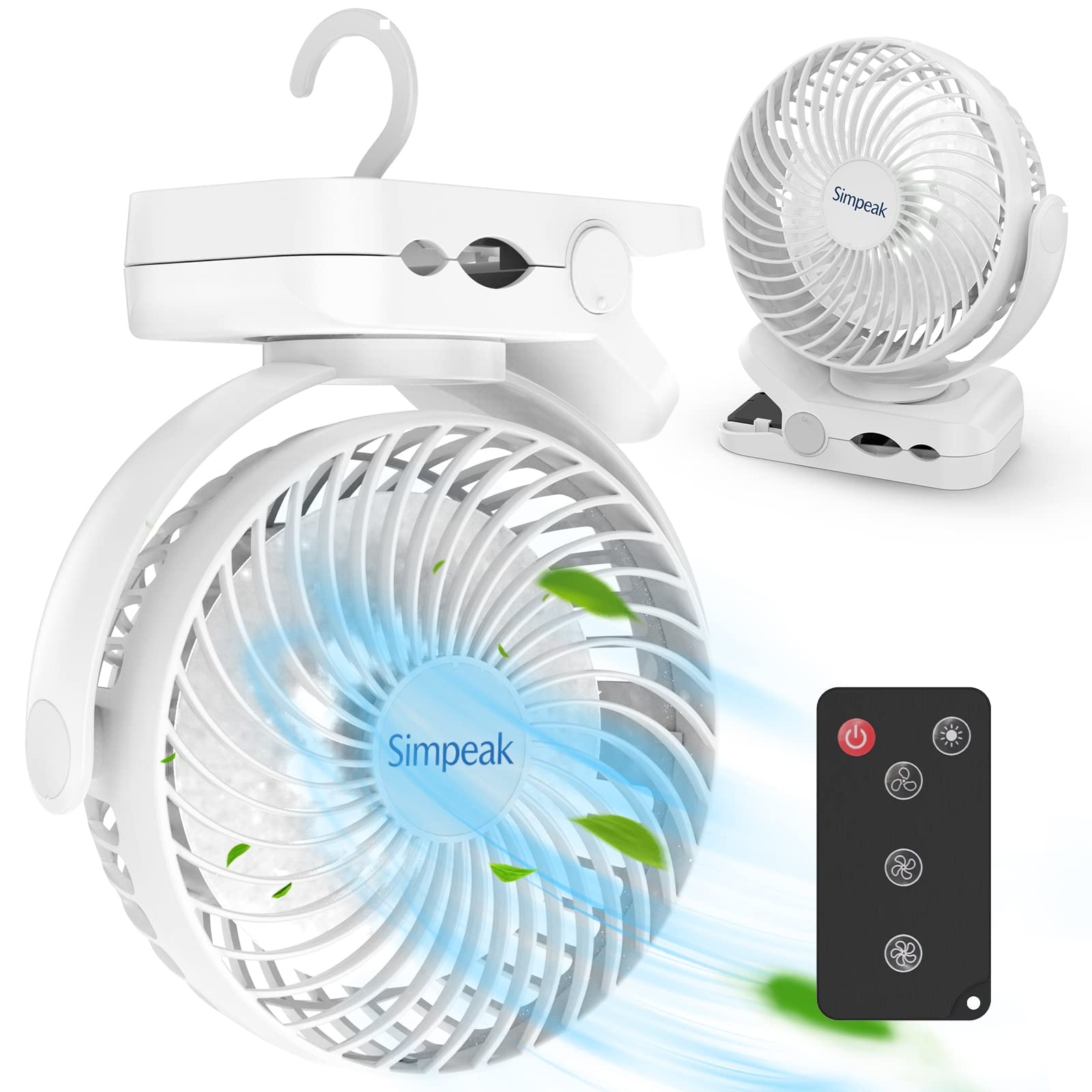 Simpeak 8000mAh Camping Ventilator Tischventilator, Mini USB Ventilator leise, Clip Fan mit Fernbedienung und LED Licht [3 Geschwindigkeit] [720° Drehung] - Weiß