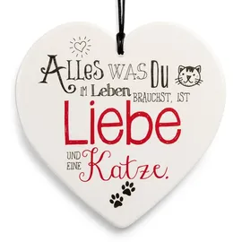 SIKORA Geschenk Herz aus weißem Steingut mit liebevollen Botschaften für jeden Anlass, Farbe/Modell:PH02 - für Katzenfreunde - du brauchst nur Liebe und eine Katze