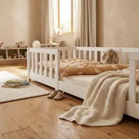 ecomi Kinderbett mit Rausfallschutz 80 x 160 cm Kiefer massiv weiß