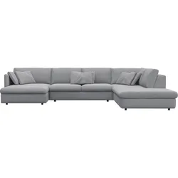 Wohnlandschaft FLEXLUX "Lovane, u-Form, bequem und komfortabel", grau (sophisto grau), B:399cm H:84cm T:272cm, 100% Polyester, Sofas, Weich & anschmiegsam, große Sitztiefe auf Kaltschaum, Dekokissen inkl.