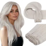 Easyouth Blond Tressen Echthaar 50 cm Echthaar Tressen zum Einnähen Weiße Blond Haartressen Echthaar Eisblond 100g #1000