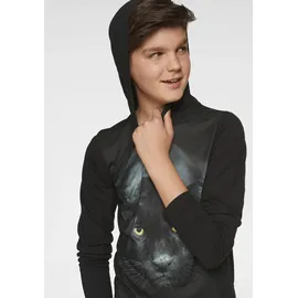 Kidsworld Kapuzenshirt "PANTHER - Fotodruck", Jungen, Gr. 152/158, schwarz, Jersey, Obermaterial: 100% Baumwolle. Obermaterial Vorderteil: 100% Polyester, bedruckt, Basic, Basic, Shirts Kapuzenshirt, Langarm, Basic-Passform, mit peppigem Druck, aus Baumwolle