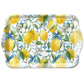 Ambiente Home Ambiente Tablett Melamin 21x13cm mit Zitronen Motiv - kleines Serviertablett Frühstückstablett Tischdeko Sommer Garten Dekotablett mediterran Gelb Weiß