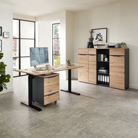Büromöbel Set 5-teilig MANRESA-36 mit höhenverstellbarem Winkelschreibtisch in graphit und Eiche