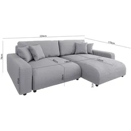 s-style möbel - Emma Ecksofa mit Schlaffunktion und Bettkasten in Cord-Stoff schöner Sitzkomfort, Ottomane rechts, B/T/H: 234 cm / 170 cm / 78 cm - Grau