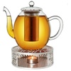 Teekanne aus Glas 1,5l + ein Stövchen aus Edelstahl, 3-teilige Glasteekanne mit integriertem Edelstahl Sieb und Glasdeckel, ideal zur Zubereitung von losen Tees, tropffrei