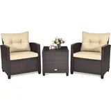 Goplus 3er Set Sitzgruppe, Rattan Gartenmöbel aus 1 Tisch & 2 Stühlen, Lounge Set mit Sitzkissen für Balkon Garten (Schwarz) - Schwarz