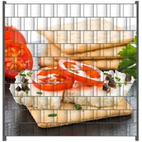 Wallario Sichtschutzstreifen Frisches Knäckebrot mit Tomaten und Käse braun 200 cm x 200 cm