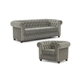 S-Style Chesterfield Polestergarnitur 3+1 Cleo Blink ¦ grau ¦ Maße (cm): B: 203 H: 72
