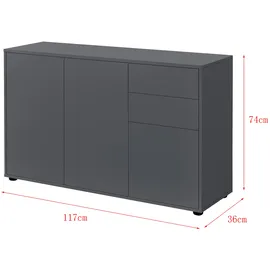[en.casa] Kommode + Sideboard Paarl 117 x 36 x 74 cm mit 2 Schubladen und 3 Türen Dunkelgrau matt