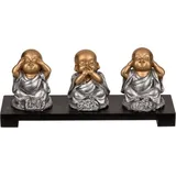 Out of the Blue Polyresin-Figuren auf Holzbank, Buddha (Nichts böses sehen, sprechen, hören) ca. 20 x 9 cm, 190131