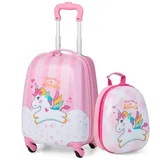 Costway 2tlg Kinderkoffer + Rucksack, Kindertrolley aus Kunststoff, Kindergepäck, Kinder Kofferset Handgepäck Reisegepäck Hartschalenkoffer für... - Rosa