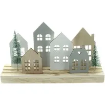 Frank-Flechtwaren Weihnachtsdeko 770507, LED-Board Häuser, Holzdeko mit LEDs, 30 x 17 x 7 cm,