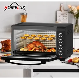 Homelux Minibackofen 60 Liter 2000W Pizza-Ofen, Mini Backofen mit Hähnchengrill, Ober-/Unterhitze, 60 Min Timer, 100°-230°C, Mini Oven Schwarz - Schwarz