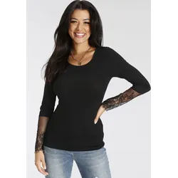 Langarmshirt MELROSE, Damen, Gr. 36, schwarz, Jersey, Spitze, Obermaterial: 95% Viskose (LENZING ECOVERO), 5% Elasthan. Spitze: 100% Polyester, unifarben, feminin, tailliert hüftlang, Rundhals, Spitze, Shirts, taillierte Passform, aus Jersey und Spitze