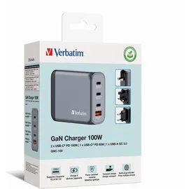 Verbatim GaN 100W, grau 1x USB-A, QC 3x USB-C PD, 3.0, 3.0
