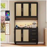 Flieks Küchenbuffet mit LED-Beleuchtung, Steckdosen und Haken (Buffet mit Rattantüren und Schubladen, 1-St., B100/T40/H183 cm) Hochschrank Küchenschrank Geschirrschrank mit verstellbare Ablagen schwarz
