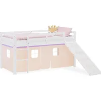 Homestyle4u Hochbett mit Rutsche 90 x 200 cm Kiefer lackiert weiß lila-beige