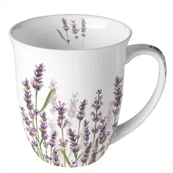 Ambiente Tasse 10cm Porzellan mit Lavendel Motiv - 0,4L Keramiktasse Porzellangeschirr Kaffeetasse Teetasse Kakaotasse Sommergeschirr Porzellantasse Lila Weiß