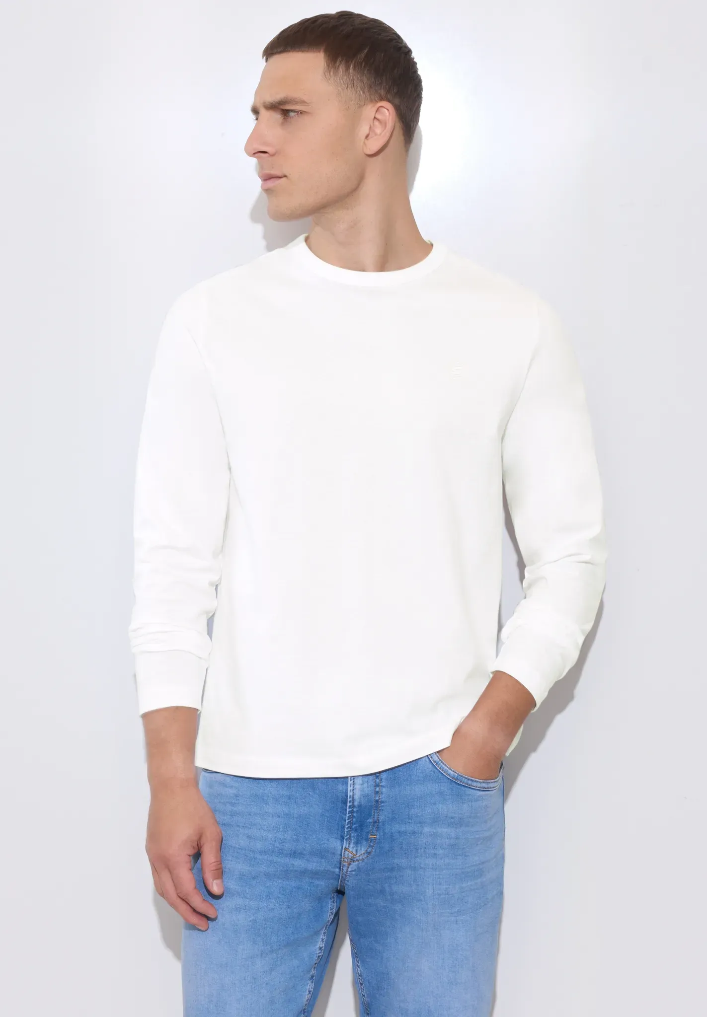 Langarmshirt STREET ONE MEN, Herren, Gr. XXL (46), weiß (hellweiß), Web, 100% Baumwolle, unifarben, normal normal, Rundhals, abgesteppt, Shirts Langarmshirt, aus reiner Baumwolle