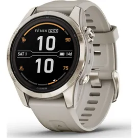 Garmin fenix 7S Pro Sapphire Solar beige/softgold mit Silikonarmband hellgrau