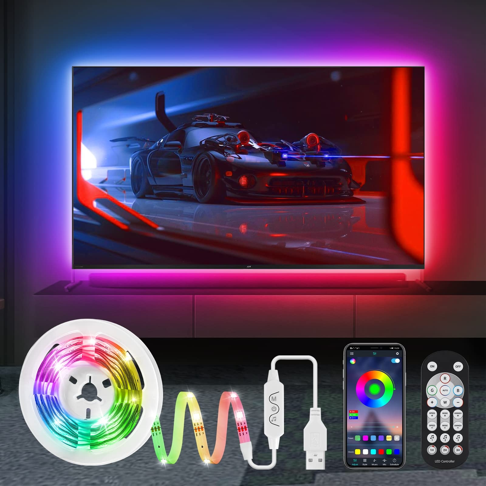 HUEMIHUI Dreamcolor LED-TV-Hintergrundbeleuchtung, 4 m, LED-Lichtstreifen mit Fernbedienung und APP-Steuerung, Musik-Synchronisation, TV-LED-Hintergrundbeleuchtung für 55-65 Zoll TV-Monitor