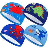 EXTRAPINS 4 Stück Badekappe Kinder, Kinder Badekappen für Jungen Mädchen 3-14 Jahre, Badekappe Stoff,Schwimmkappe Kind,Elastischer Polyester Badehaube Schwimmhaube