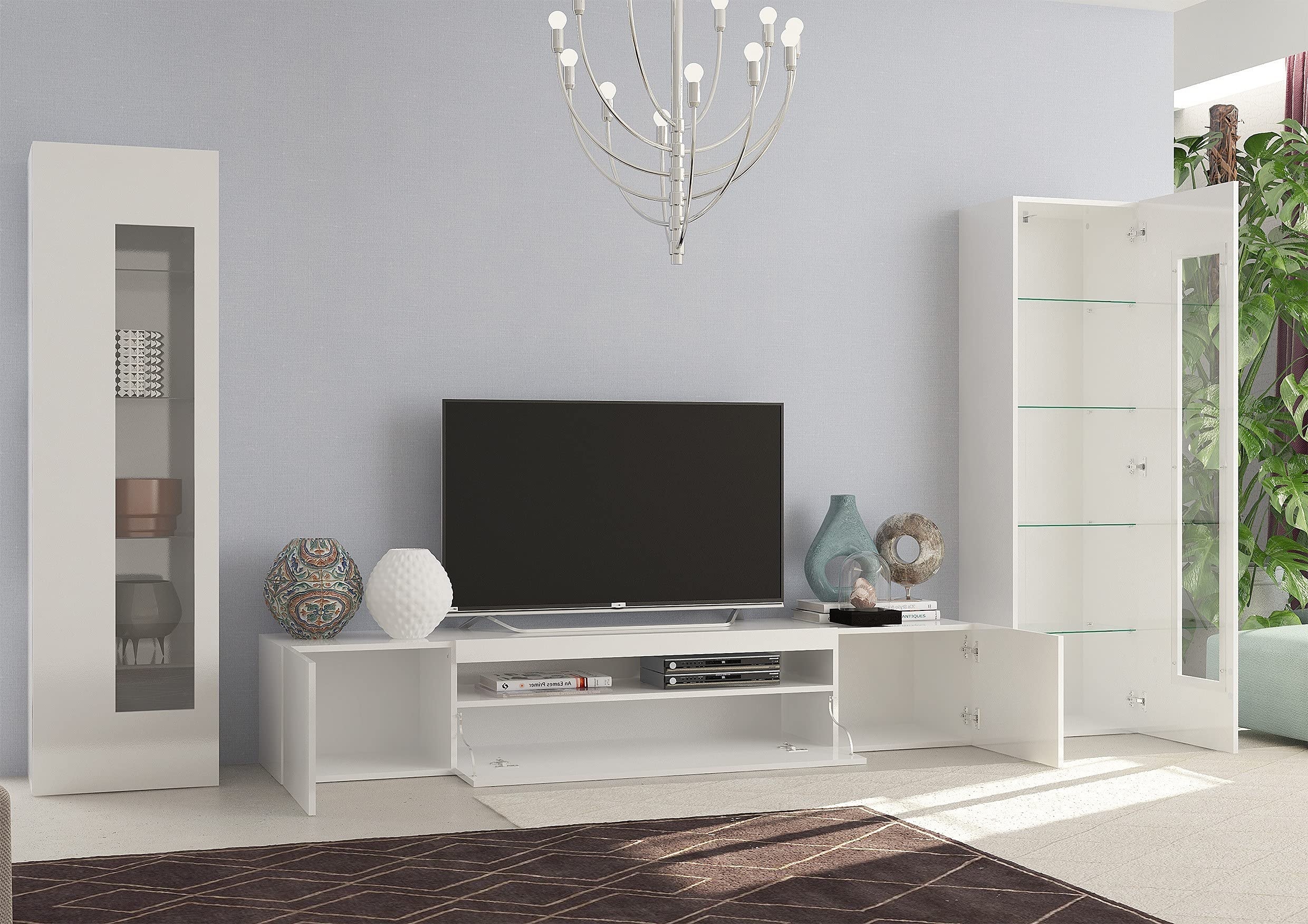 Dmora Modulares Wohnzimmer-Wandsystem, Made in Italy, TV-Ständer und Wohnwände, Modernes Wohnzimmer-Set, 300x40h162 cm, glänzende weiße Farbe