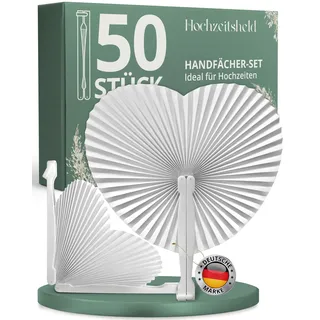 HOCHZEITSHELD Fächer Hochzeit 50 Stück - Weiße Handfächer für Erfrischung der Gäste - Papierfächer als Hochzeitsdeko & Standesamt Deko, Fächer Herz als Deko Hochzeit & Hochzeitsgeschenke für Brautpaar