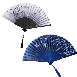 LYQNIHOB 2er Set Seiden-Fächer: Japanisch & Chinesisch, mit Blumenmotiv, für Damen & Herren Faltbar aus Bambus & in 2 Farben erhältlich Orientalischer Handfächer