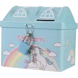 Spardose aus Metall, Hausform mit Schloss, lustige Spardose, große Größe für Jungen und Mädchen (Einhorn Himmelblau)